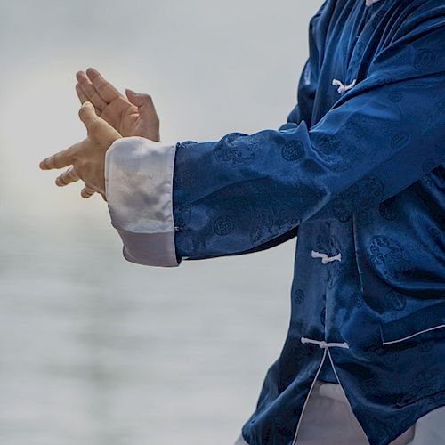 A person dressed in a blue traditional outfit is shown in a martial arts pose near a body of water.