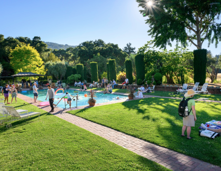 People enjoying a sunny day by the pool in a lush, green garden area with mountains in the background and various leisure activities happening.