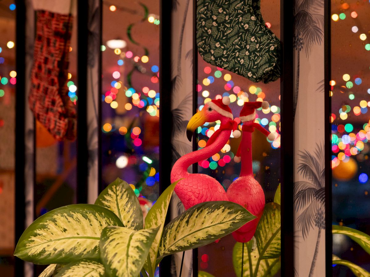 The image shows holiday stockings, bright lights, and a festive pink flamingo decoration among potted plants, creating a cheerful atmosphere.