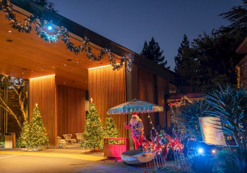 The image shows a festive outdoor scene with holiday decorations, including Christmas trees, garlands, and illuminated figures under an awning.